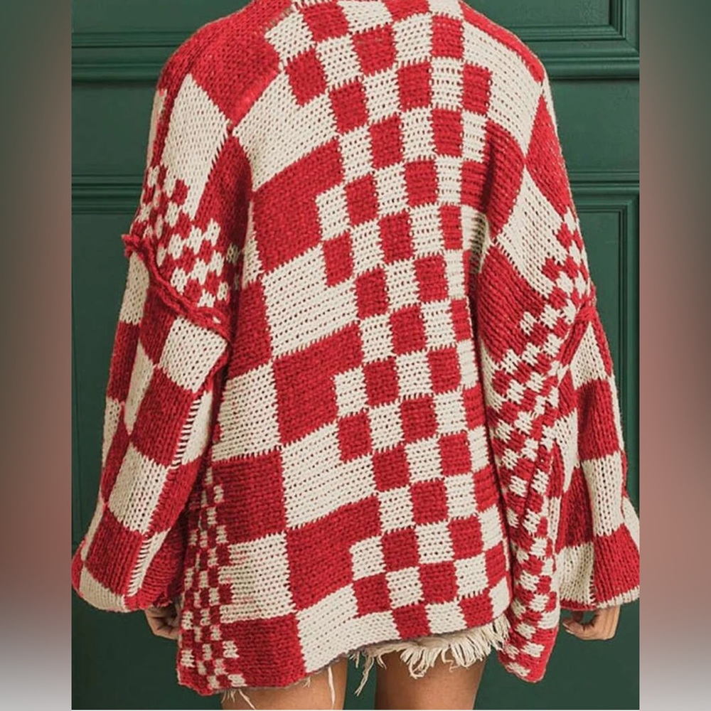 Charming Charlie Red and White Oversized Checkered Women's Sweater - Picture 2 of 3